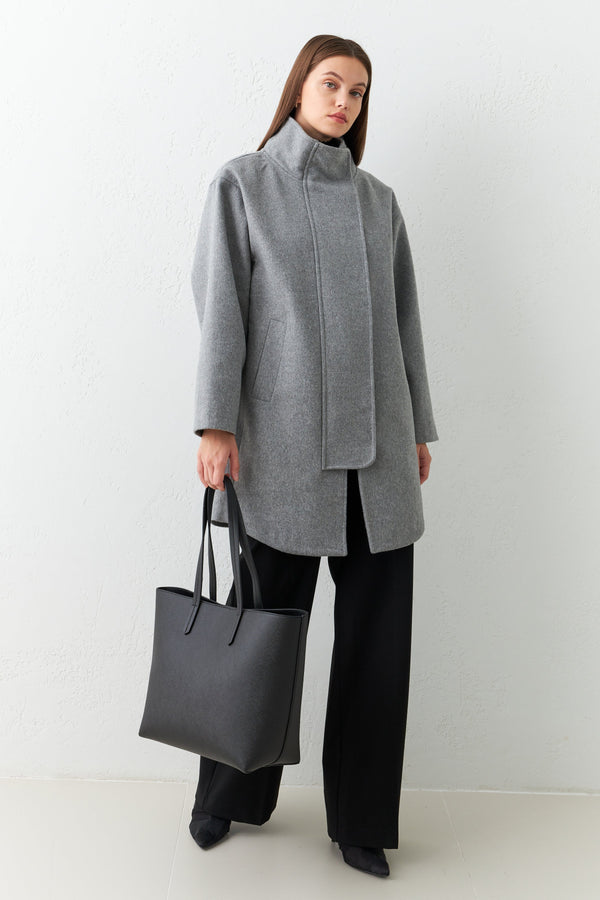 Setre Asymmetrical Neck Detailed Coat Grey