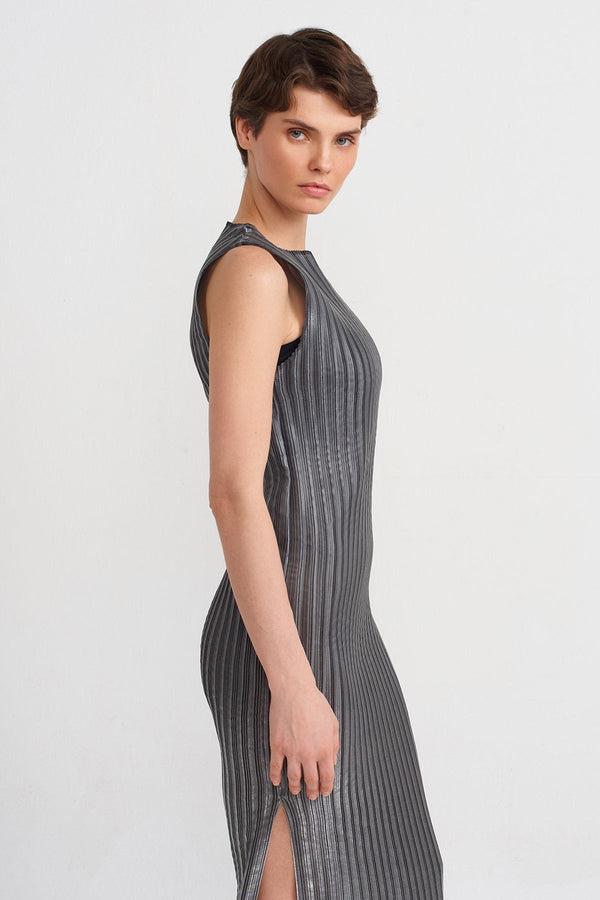 Nu Crew Neck Sleeveless Pleated Dress Silver