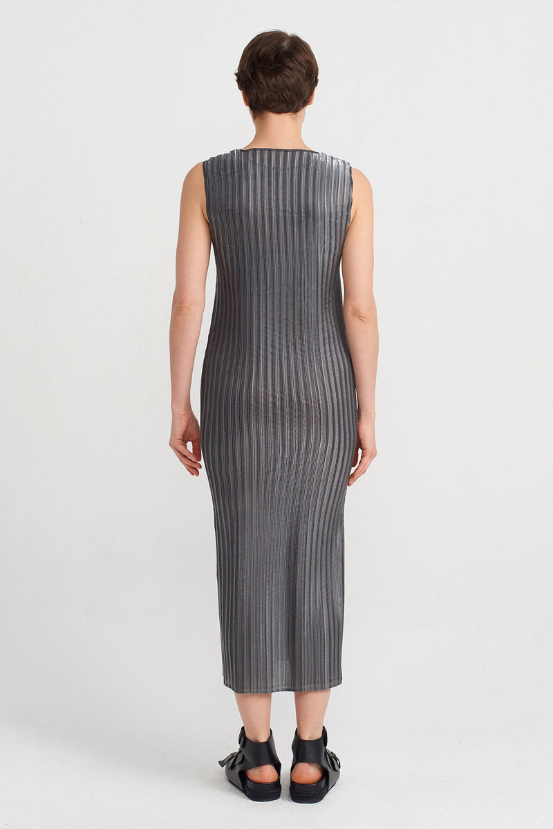 Nu Crew Neck Sleeveless Pleated Dress Silver