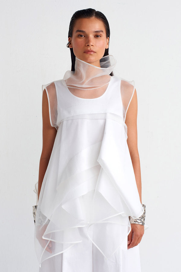 Nu Pleated Detail Organza Blouse Off White