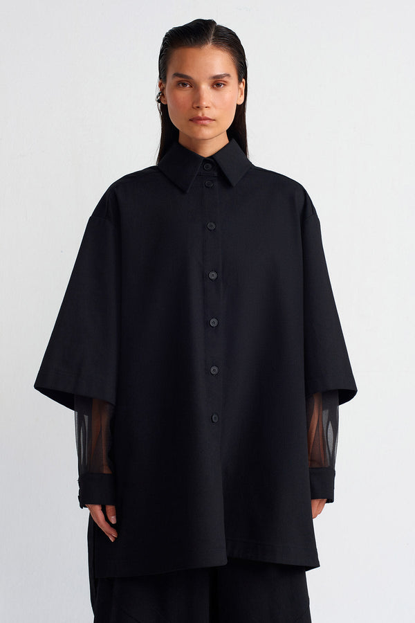 Nu Organza Detailed Denim Shirt Black