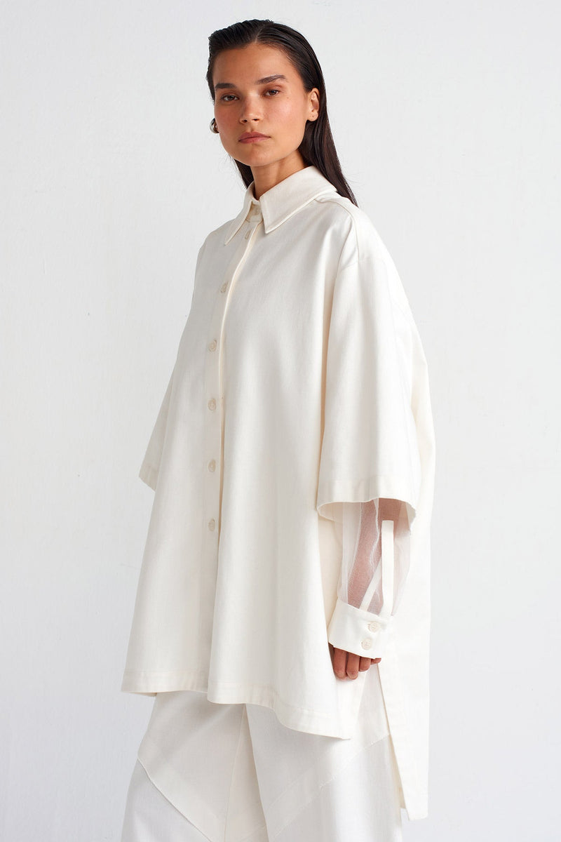 Nu Organza Detailed Denim Shirt Off White