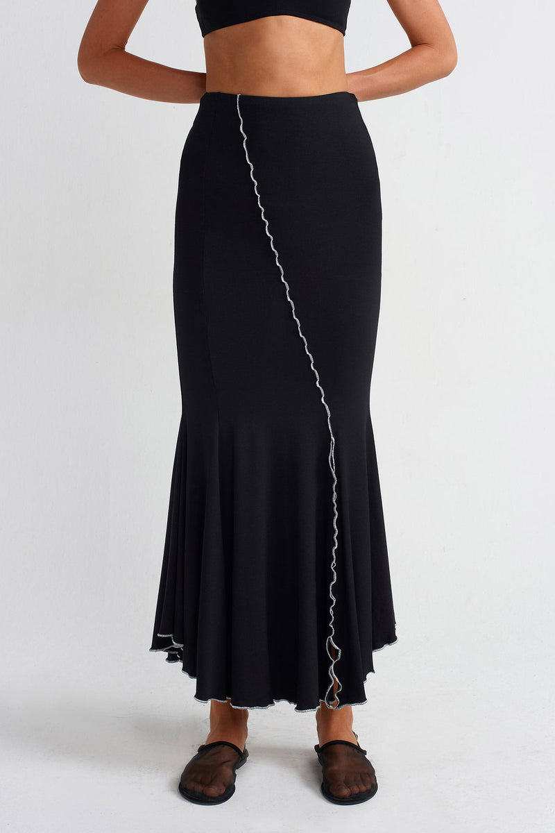 Nu Contrast Lettuce Hem Long Skirt Black