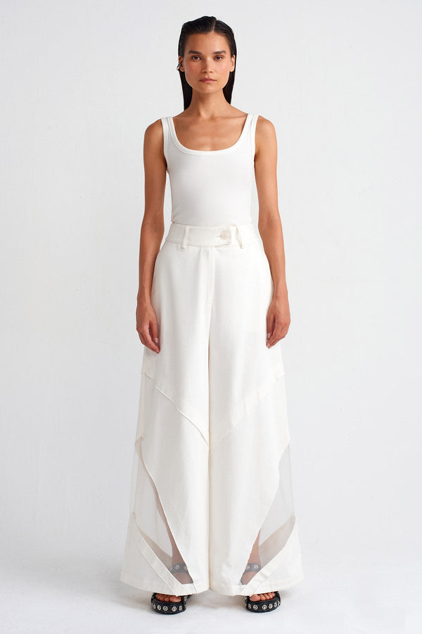 Nu Organza Detailed Denim Trousers Off White