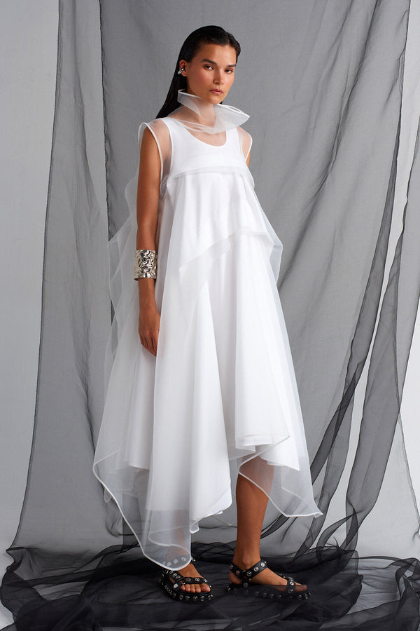 Nu Pleated Organza Dress Off White