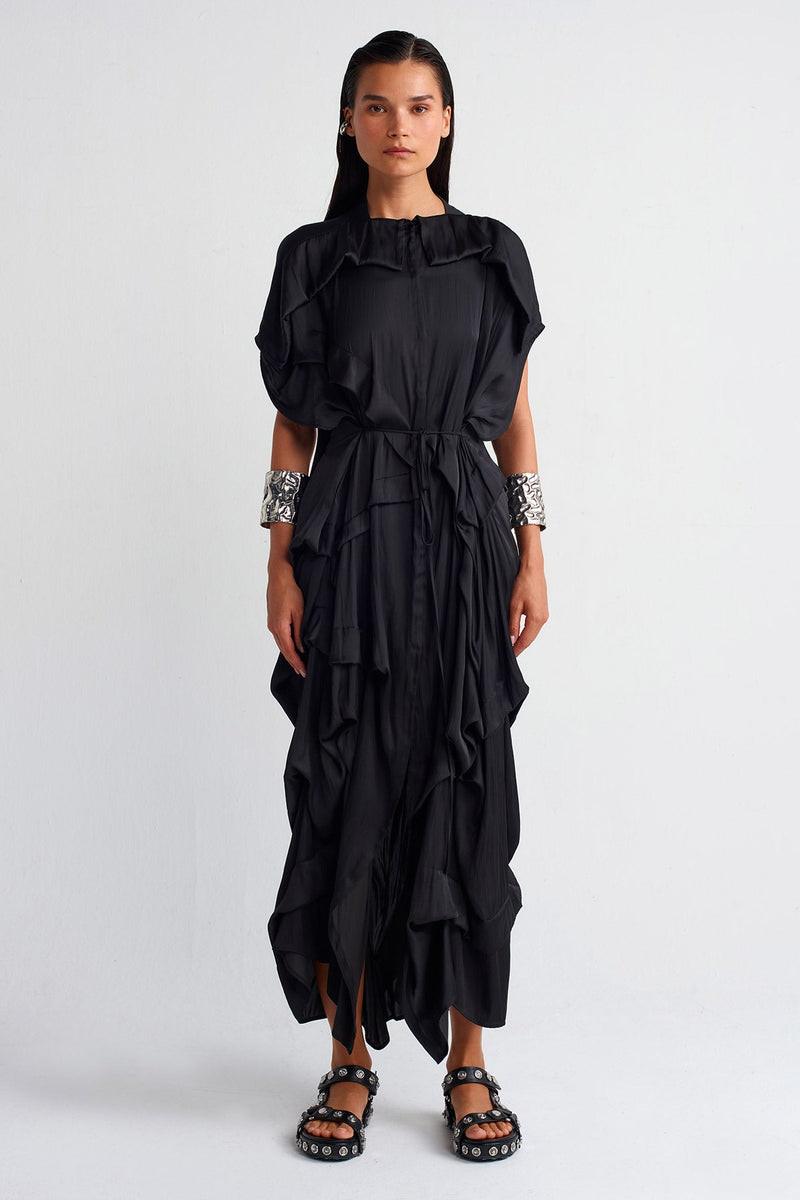 Nu Pleated Waist Tie Satin Dress Black