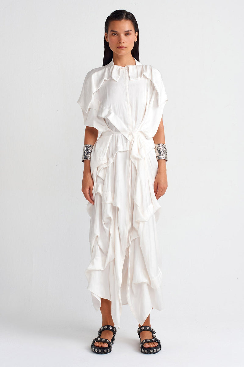 Nu Pleated Waist Tie Satin Dress Off White