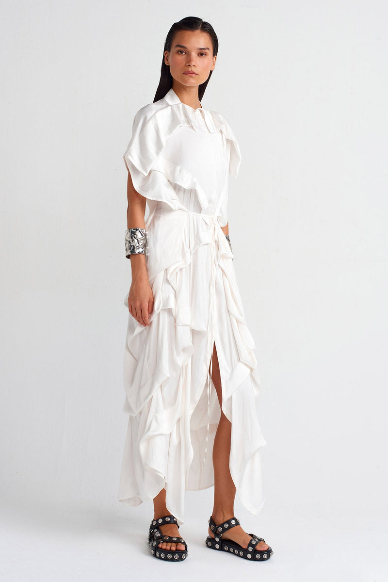 Nu Pleated Waist Tie Satin Dress Off White