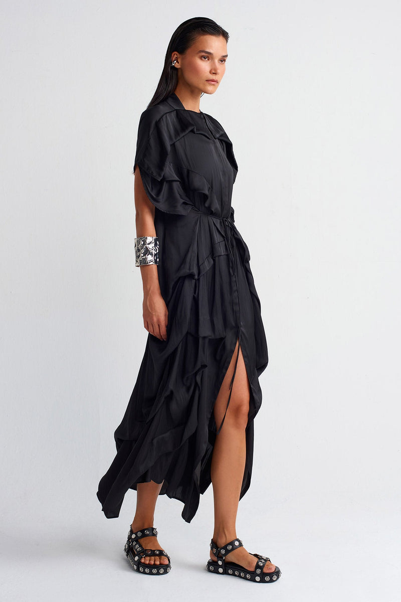 Nu Pleated Waist Tie Satin Dress Black