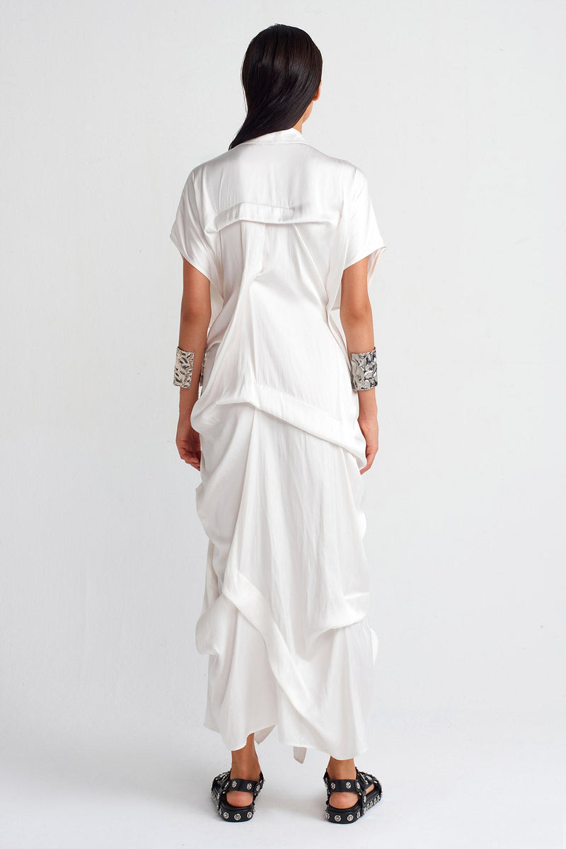 Nu Pleated Waist Tie Satin Dress Off White