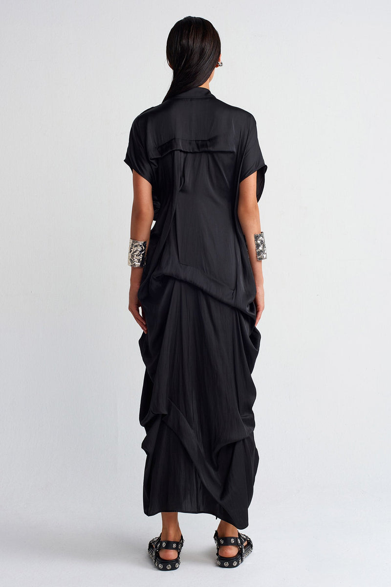 Nu Pleated Waist Tie Satin Dress Black