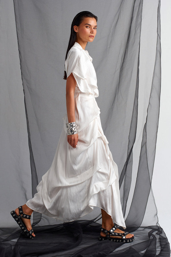 Nu Pleated Waist Tie Satin Dress Off White