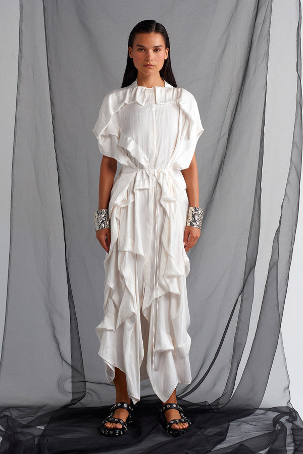 Nu Pleated Waist Tie Satin Dress Off White