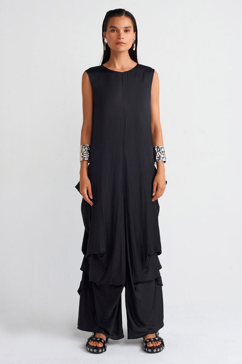 Nu Pleated Satin Jumpsuit Black