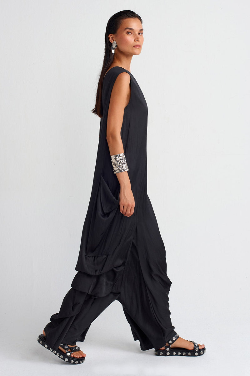 Nu Pleated Satin Jumpsuit Black