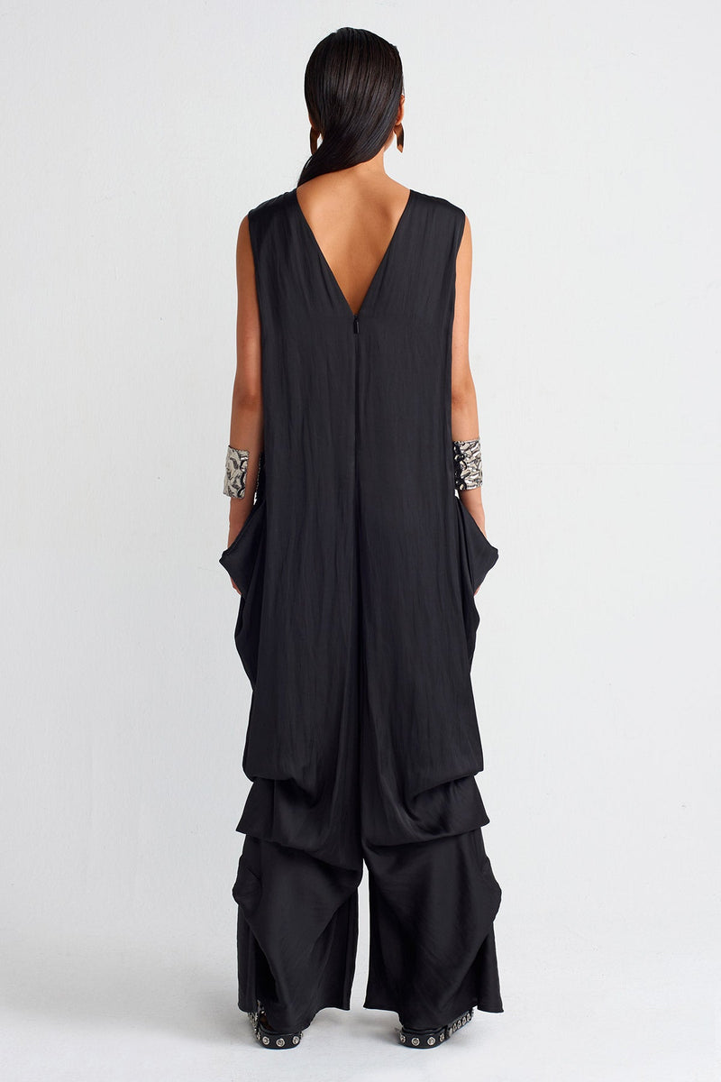 Nu Pleated Satin Jumpsuit Black