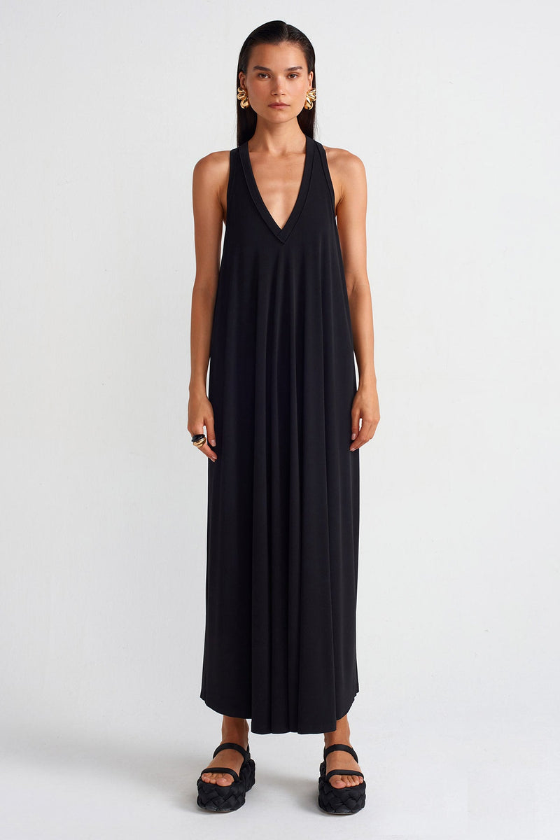 Nu V-Neck Draped Jersey Maxi Dress Black