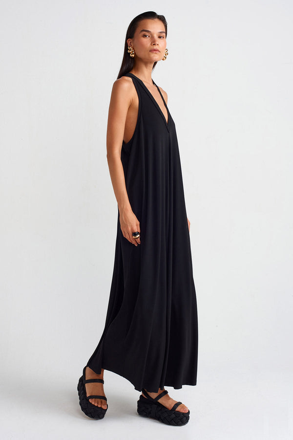 Nu V-Neck Draped Jersey Maxi Dress Black