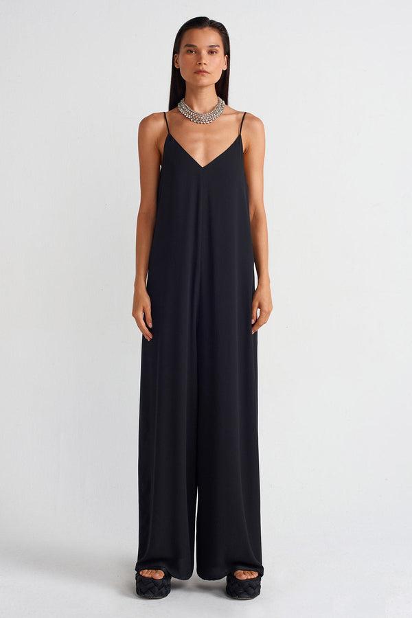 Nu Thin Strapped Elegant Chiffon Jumpsuit Black