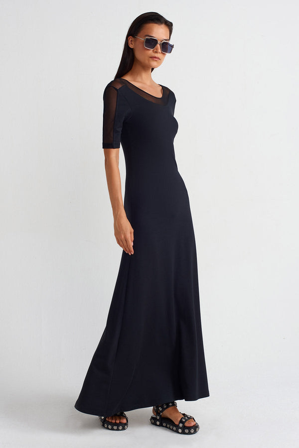 Nu Mesh Detail Long Dress Black