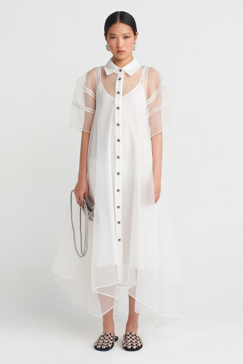 Nu Elegant Shirt Dress With Organza Details Off White