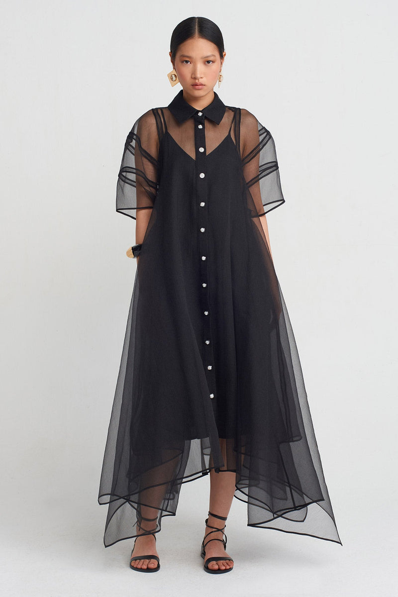 Nu Elegant Shirt Dress With Organza Details Black