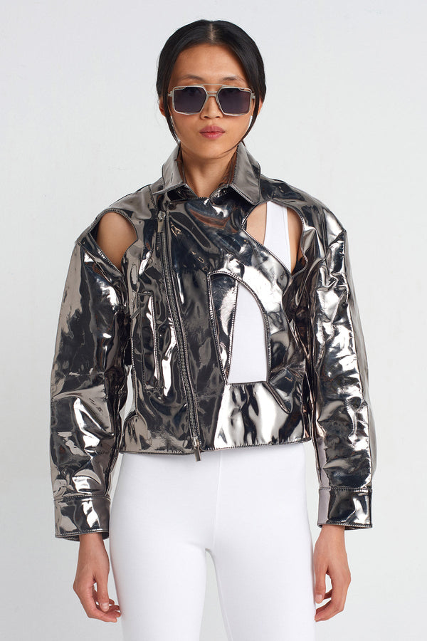 Nu Window Detail Metallic Jacket Silver