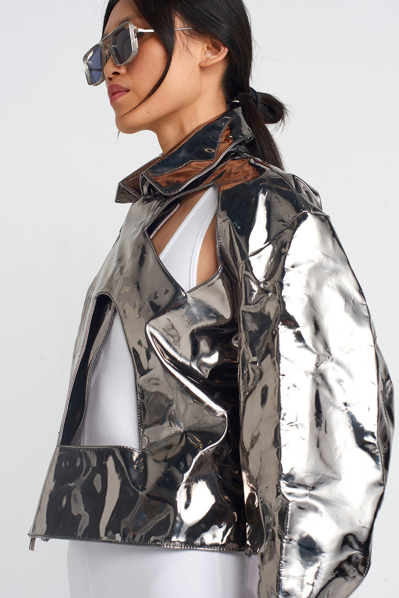 Nu Window Detail Metallic Jacket Silver