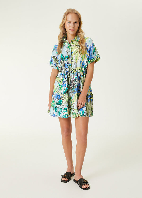 Beymen Club Botanical Patterned Mini Linen Dress Green-Blue