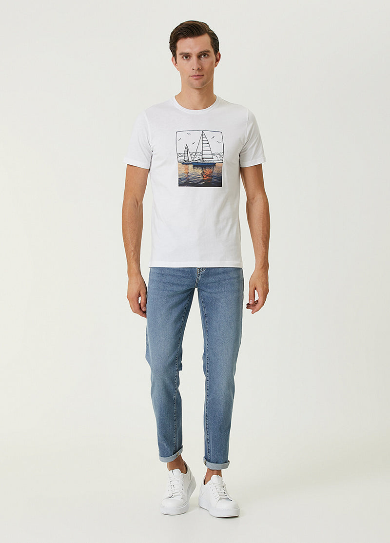 Beymen Club Men Sea Printed Sailing Embroidered T-Shirt White