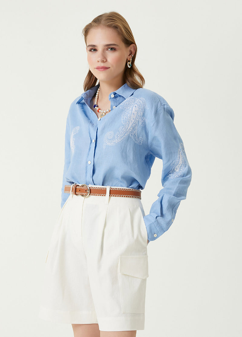 Beymen Club Ethnic Embroidered Linen Shirt Light Blue