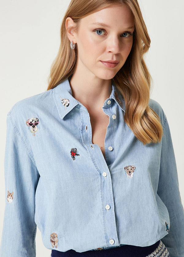 Beymen Club Animal Embroidered Denim Shirt Blue