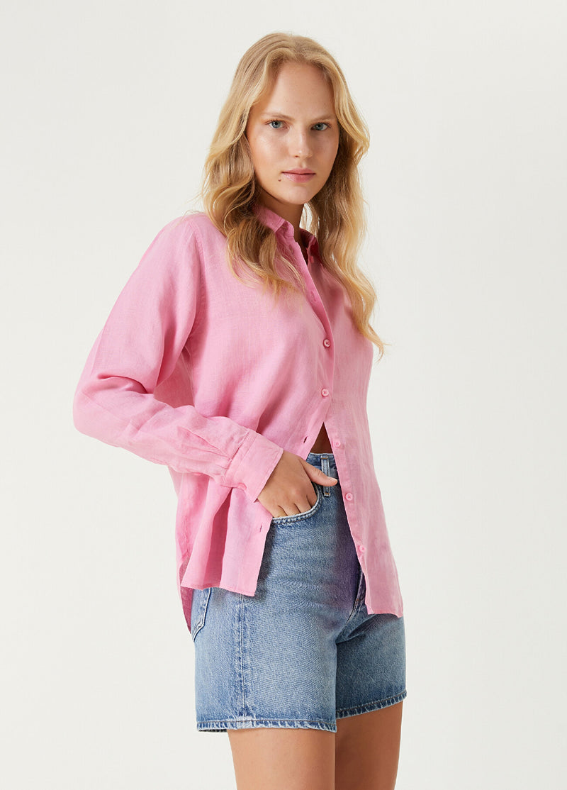 Beymen Club Linen Shirt With Bird Logo Pink