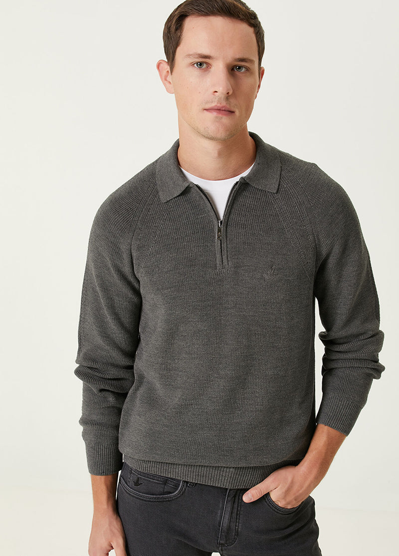 Beymen Club Men Wool Polo Sweater Grey Melange