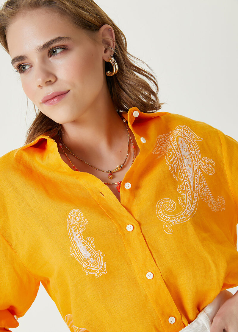 Beymen Club Ethnic Embroidered Linen Shirt Orange