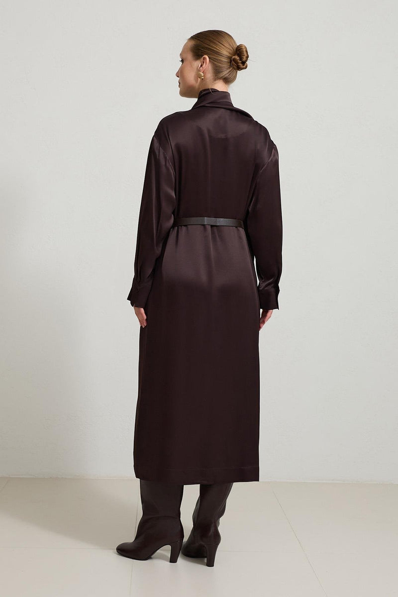 Setre Neck Detailed Waist Belted Dress Burgundy
