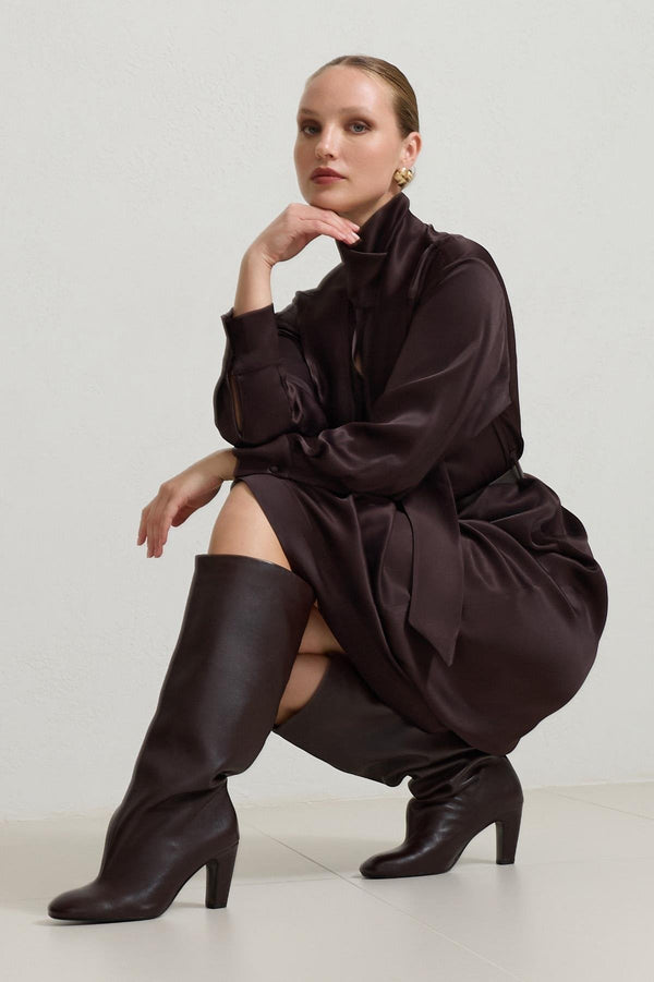 Setre Neck Detailed Waist Belted Dress Burgundy