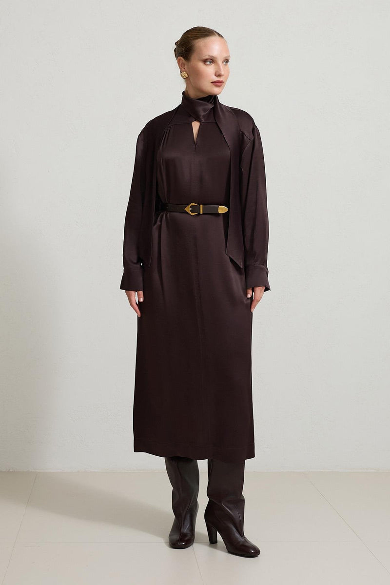 Setre Neck Detailed Waist Belted Dress Burgundy