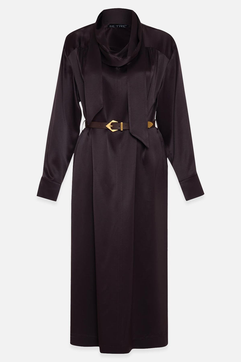Setre Neck Detailed Waist Belted Dress Burgundy