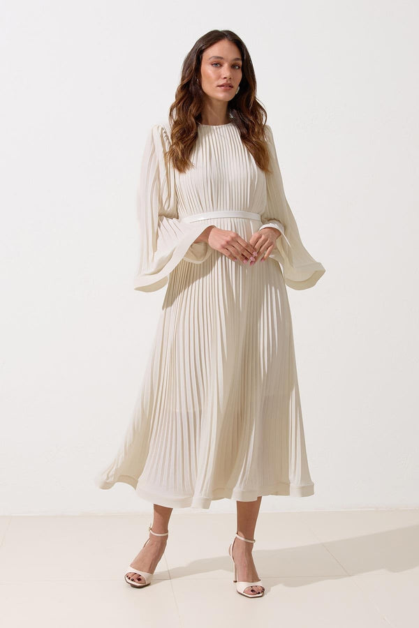 Setre Waist Belt And Pleat Detailed Midi Length Dress Cream