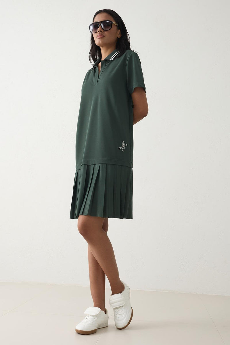 Setre Collar And Pleated Short Sleeve Dress Green
