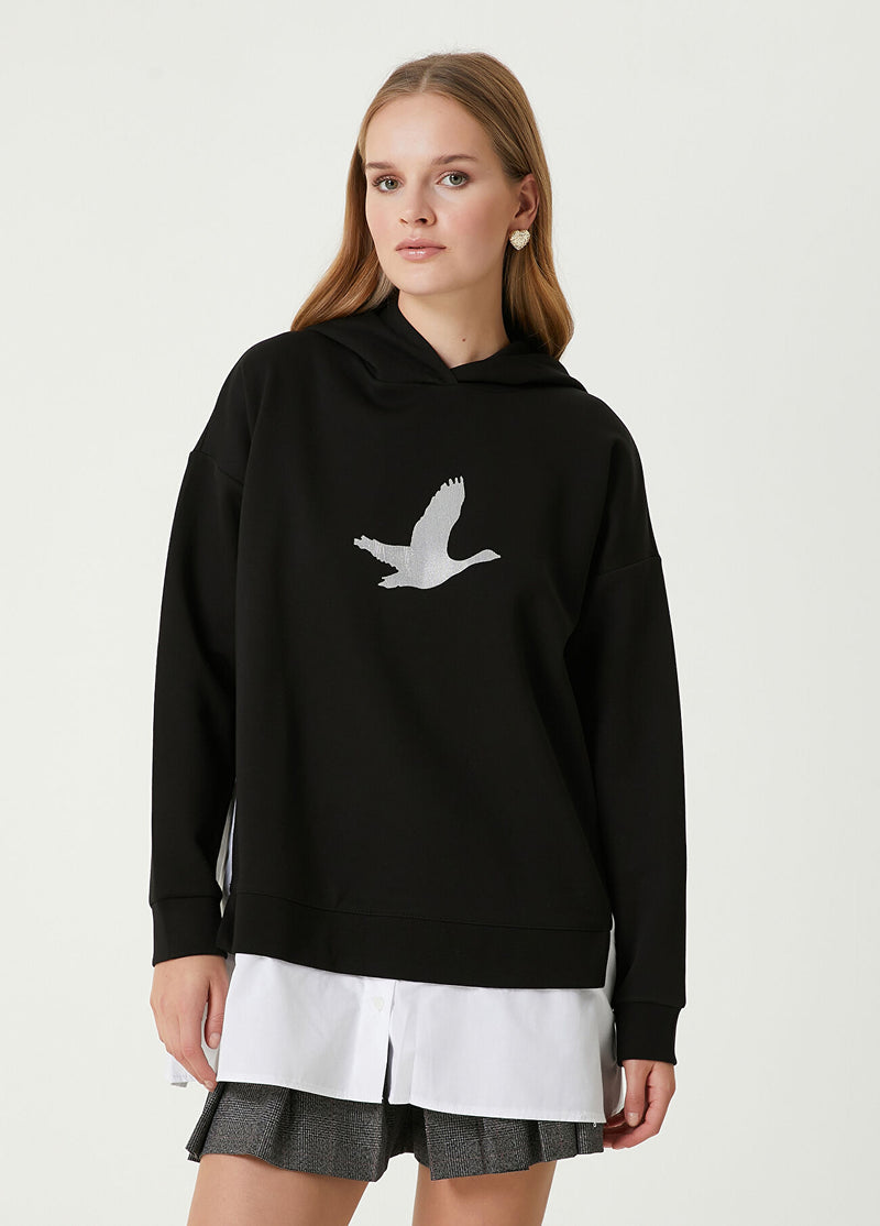 Beymen Club Hooded Metallic Logo Sweatshirt Black