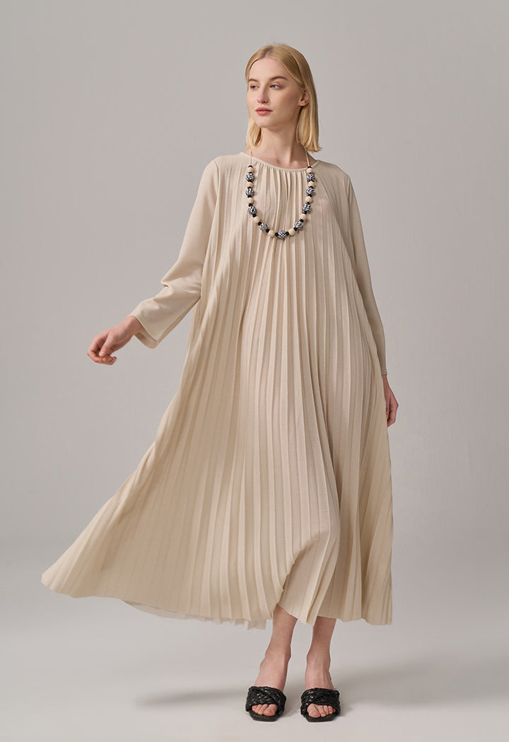 Choice Solid Long Sleeve Pleated Dress Beige