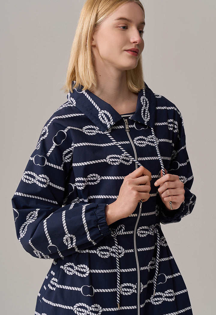 Choice Monogram Print Full Zip Midi Jacket Navy