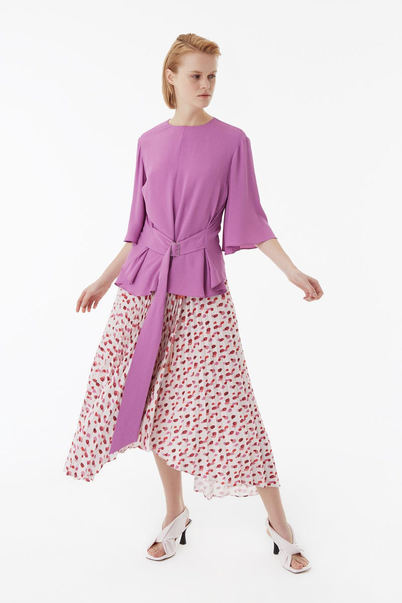 Exquise Belt Detailed Viscon Blouse With Floral Sleeves Violet