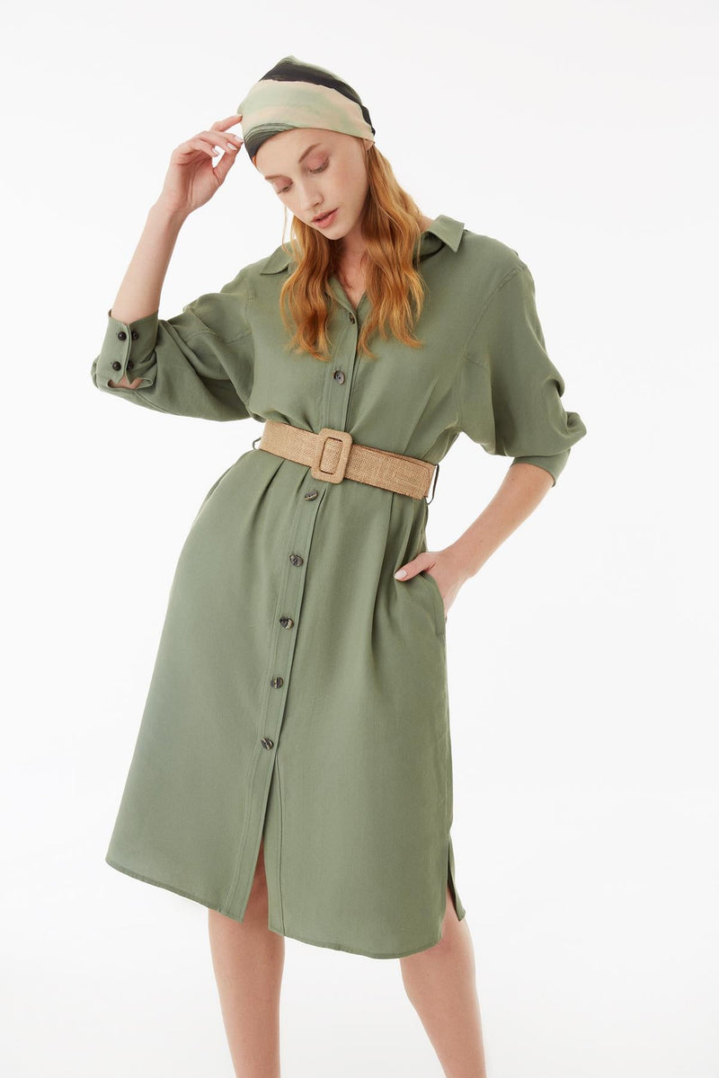 Exquise Dress Shirt + Belt L/ Khaki - Wardrobe Fashion