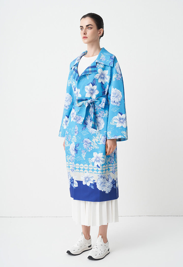 Choice Floral Printed Outerwear With Belt Blue