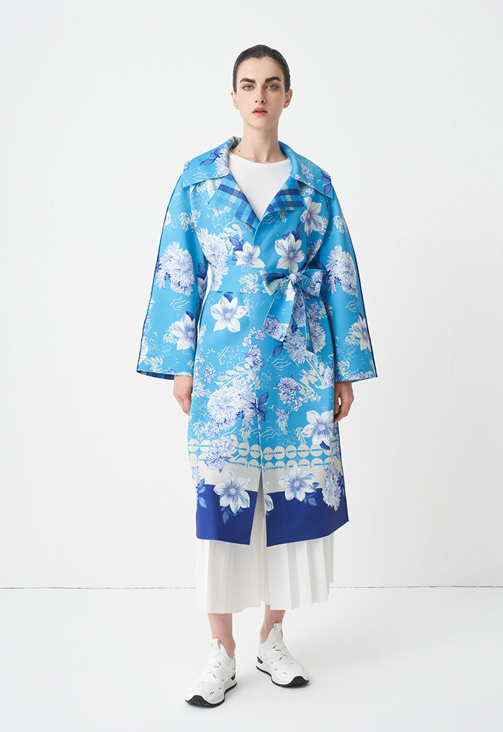 Choice Floral Printed Outerwear With Belt Blue