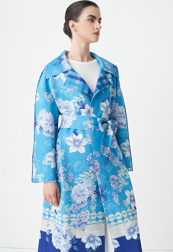 Choice Floral Printed Outerwear With Belt Blue