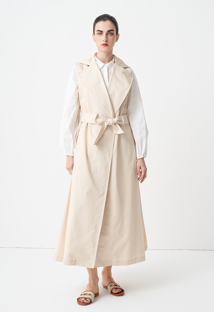 Choice Solid Sleeveless Belted Jacket Beige